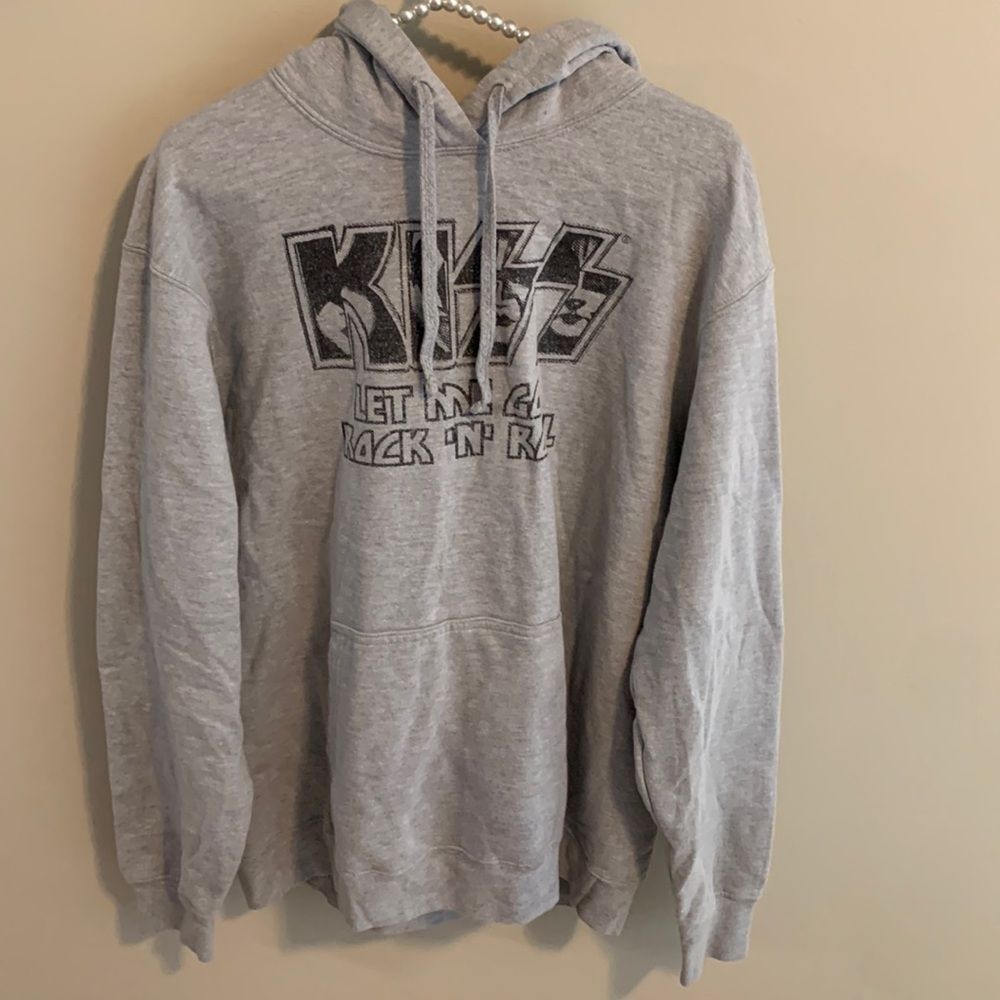 KISS Hoodie Size L Grey Graphic Let Me Go Rock N Roll Pullover Sweatshirt